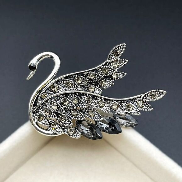 Silver with Champagne Topaz and Gray Crystal Graceful Swan Pin Back Brooch - Picture 2 of 7